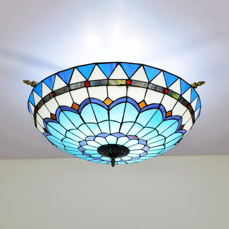 Baroque Dome Semi Flush Mount Lighting 5 Bulbs Handcrafted Stained Glass Close to Ceiling Lamp in White/Blue, 21.5"/25.5" W