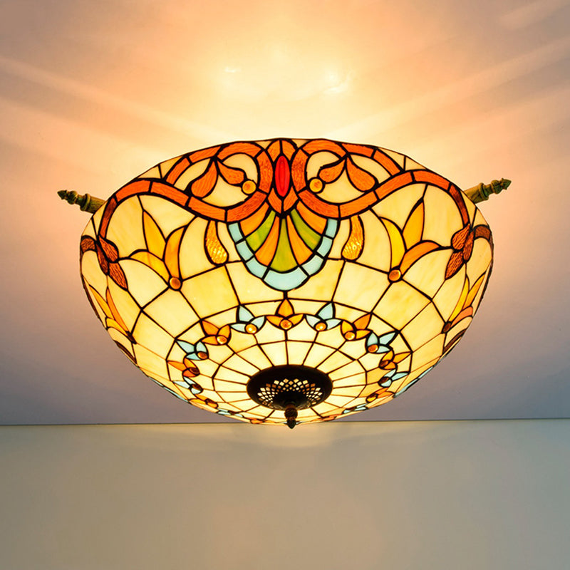 Baroque Dome Semi Flush Mount Lighting 5 Bulbs Handcrafted Stained Glass Close to Ceiling Lamp in White/Blue, 21.5"/25.5" W