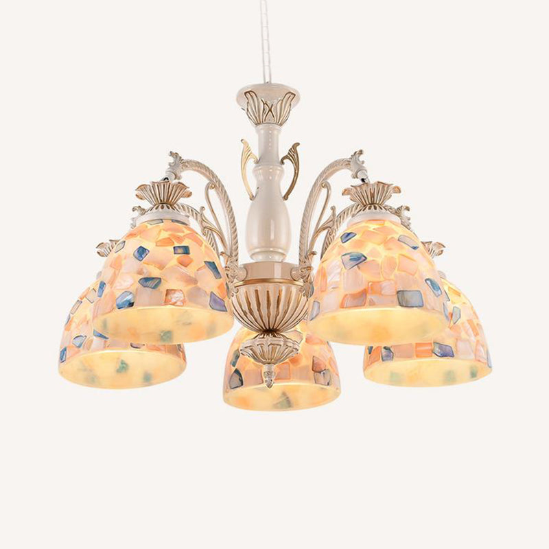Stained Glass White and Gold Ceiling Chandelier Dome 3/5/9 Lights Tiffany Pendant Lighting