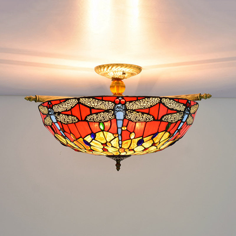 5 Lichter Dragonfly Deckenbeleuchtung Tiffany Messing Buntglas Halbflush Mount Light, 21,5 "/25,5" W.