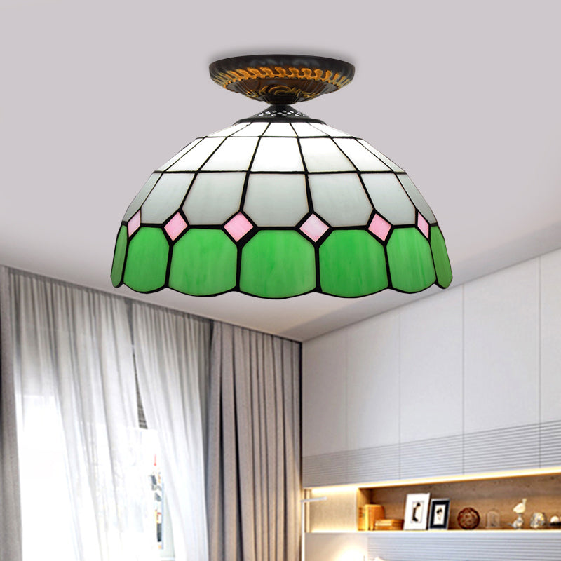 Tiffany Grid Patterned Flush Mount Light 1 Bulb Handcrafted Stained Glass LED Close to Ceiling Lamp in Blue/Orange/Green