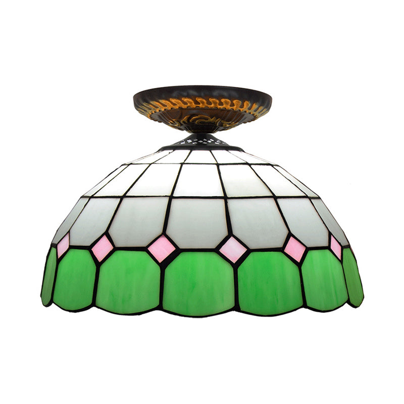 Tiffany Grid Patterned Flush Mount Light 1 Bulb Handcrafted Stained Glass LED Close to Ceiling Lamp in Blue/Orange/Green