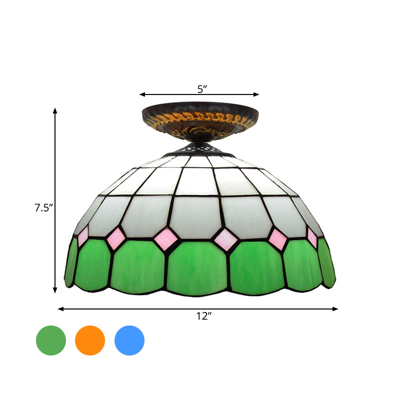 Tiffany Grid Patterned Flush Mount Light 1 Bulb Handcrafted Stained Glass LED Close to Ceiling Lamp in Blue/Orange/Green