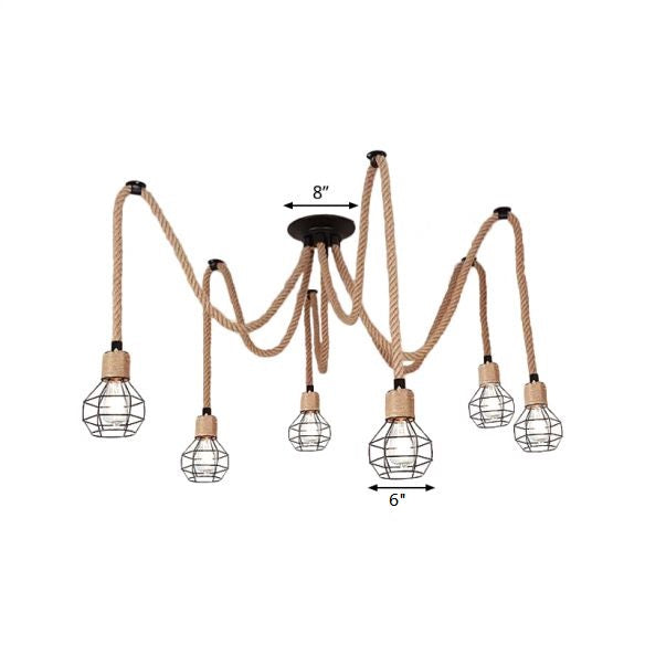 Jaula esférica bistro lámpara de botín rural cuerda natural 6/10 luces accesorio de iluminación colgante de marrón