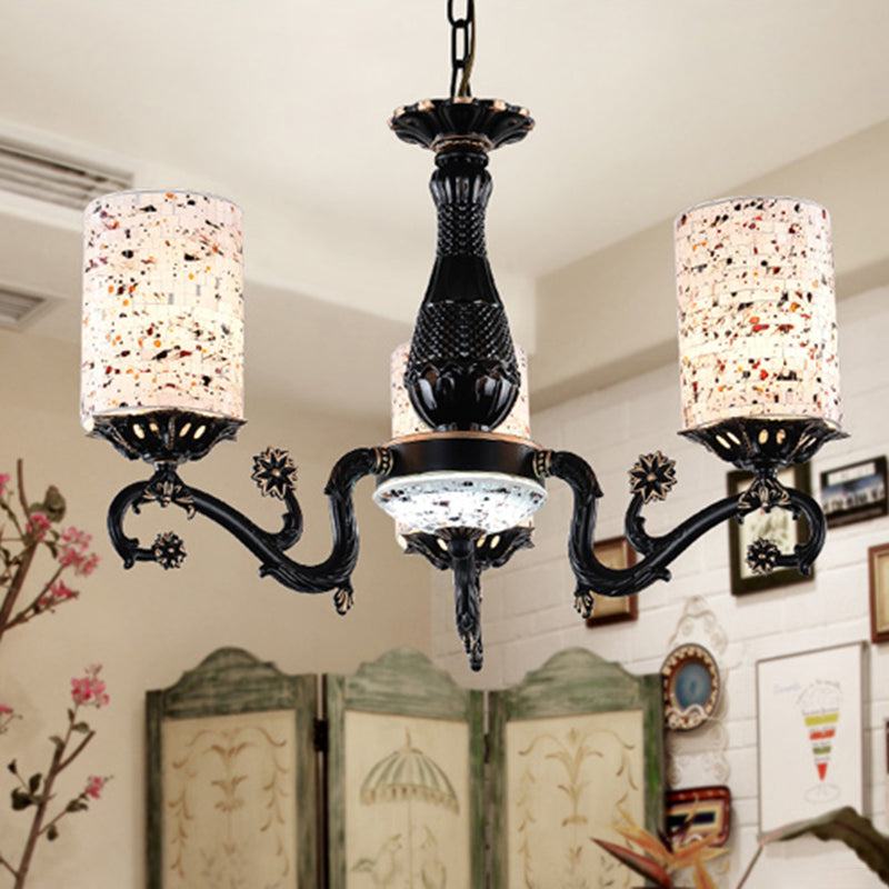 Black Cylinder Hanging Chandelier Mediterranean 4/6/9 Lights Stained Glass Suspension Pendant Light