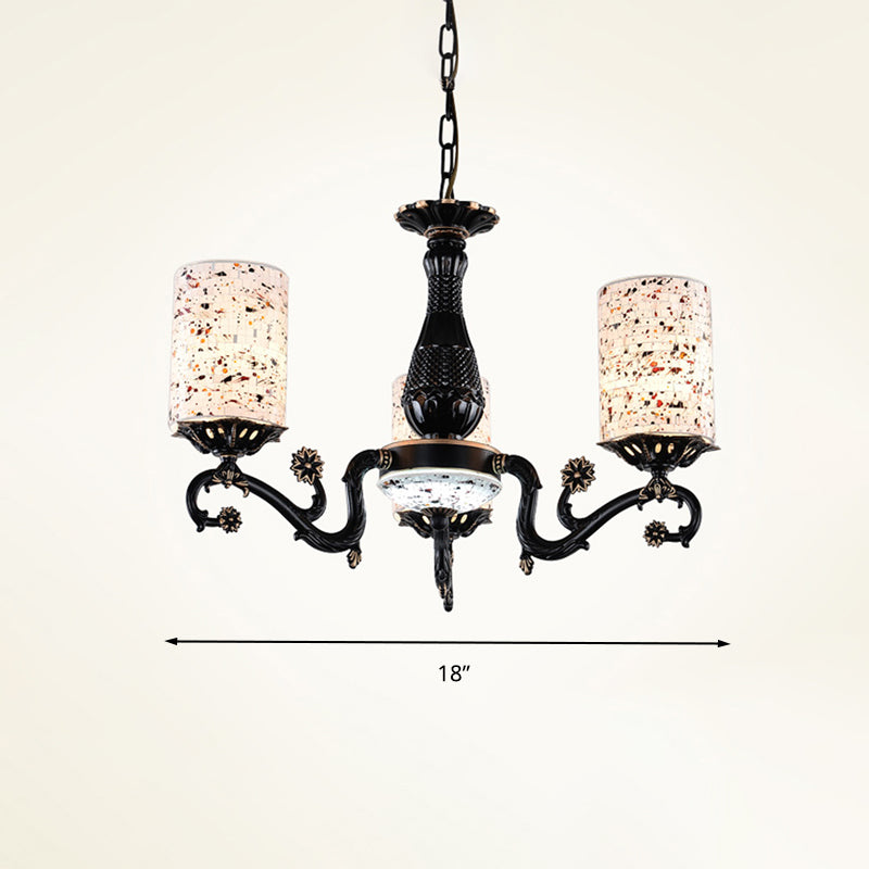 Black Cylinder Hanging Chandelier Mediterranean 4/6/9 Lights Stained Glass Suspension Pendant Light
