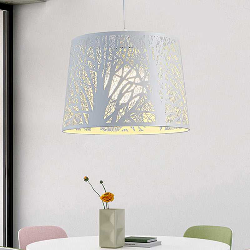 Simple Drum Suspension Pendant Metal 1 Light Dining Room Hanging Lamp Kit in White