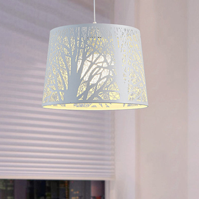 Simple Drum Suspension Pendant Metal 1 Light Dining Room Hanging Lamp Kit in White