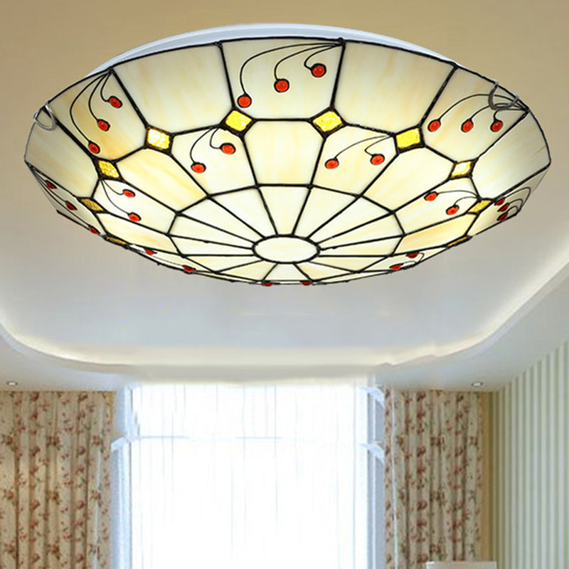 Tiffany Bowl Flush Light Fixture 12"/16"/20.5" Wide LED Stained Glass Ceiling Mounted Lighting in Beige for Living Room, Warm/White Light