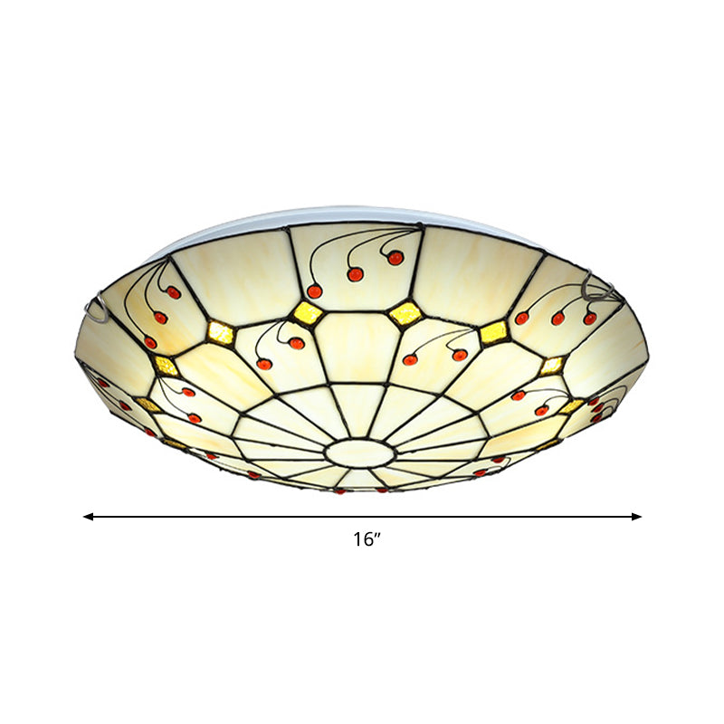 Tiffany Bowl Flush Light Fixture 12"/16"/20.5" Wide LED Stained Glass Ceiling Mounted Lighting in Beige for Living Room, Warm/White Light