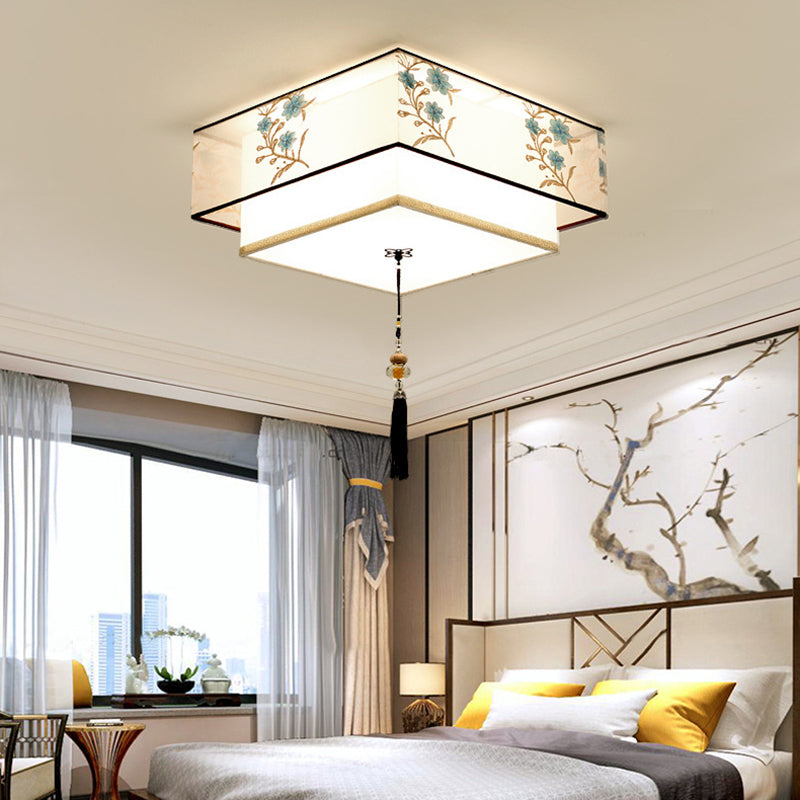 Wrought Iron White Ceiling Light in Traditional Unique Style Geometric Indoor Flush Mount with Embroidered Fabric Shade