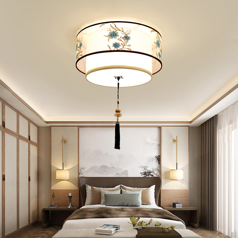 Wrought Iron White Ceiling Light in Traditional Unique Style Geometric Indoor Flush Mount with Embroidered Fabric Shade