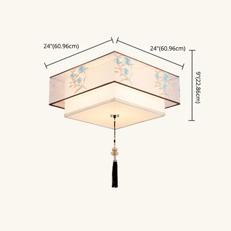 Wrought Iron White Ceiling Light in Traditional Unique Style Geometric Indoor Flush Mount with Embroidered Fabric Shade