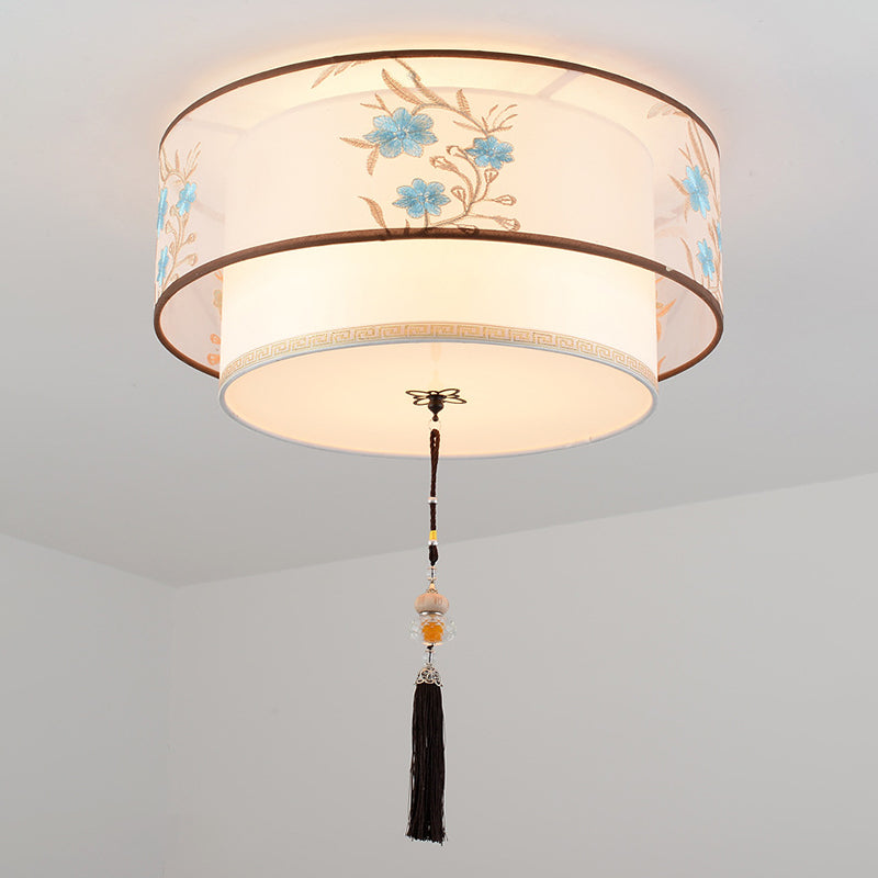 Wrought Iron White Ceiling Light in Traditional Unique Style Geometric Indoor Flush Mount with Embroidered Fabric Shade