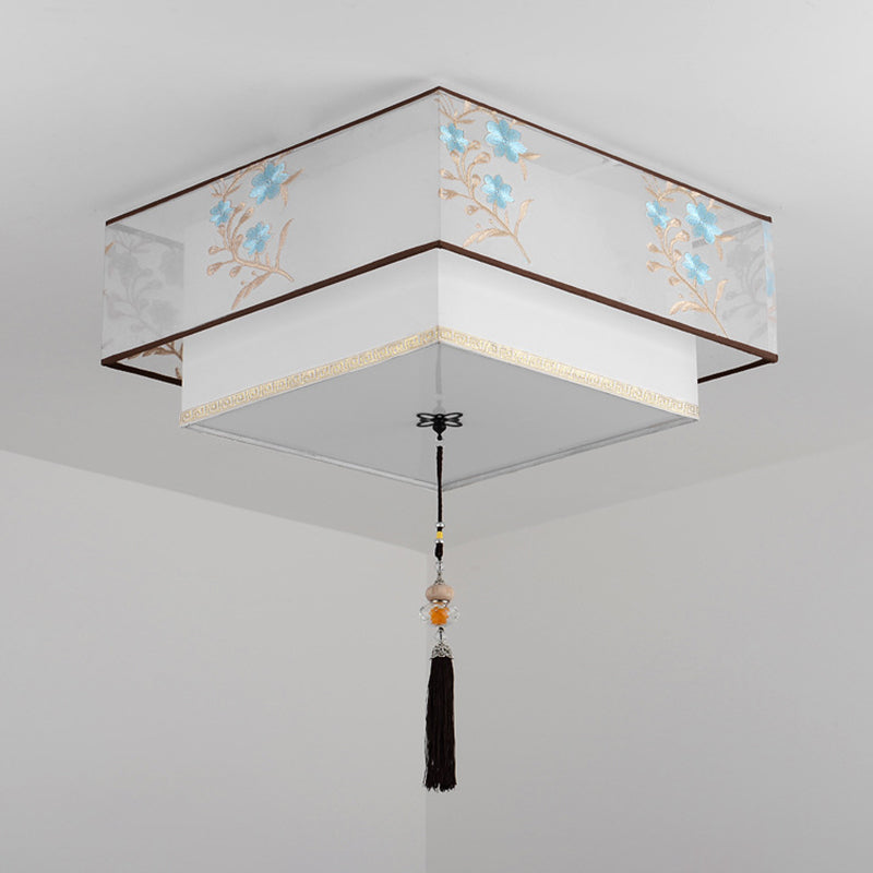 Wrought Iron White Ceiling Light in Traditional Unique Style Geometric Indoor Flush Mount with Embroidered Fabric Shade