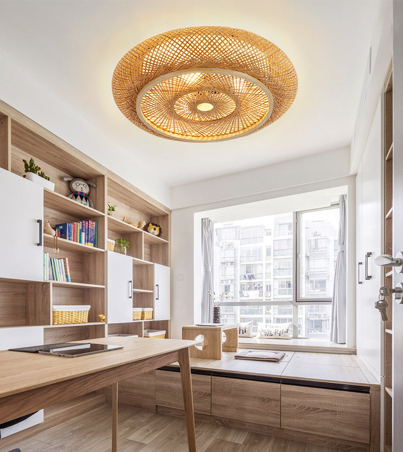 Plafonniers à montage encastré à tambour arrondi japonais plafonnier à montage encastré en bambou pour chambre à coucher