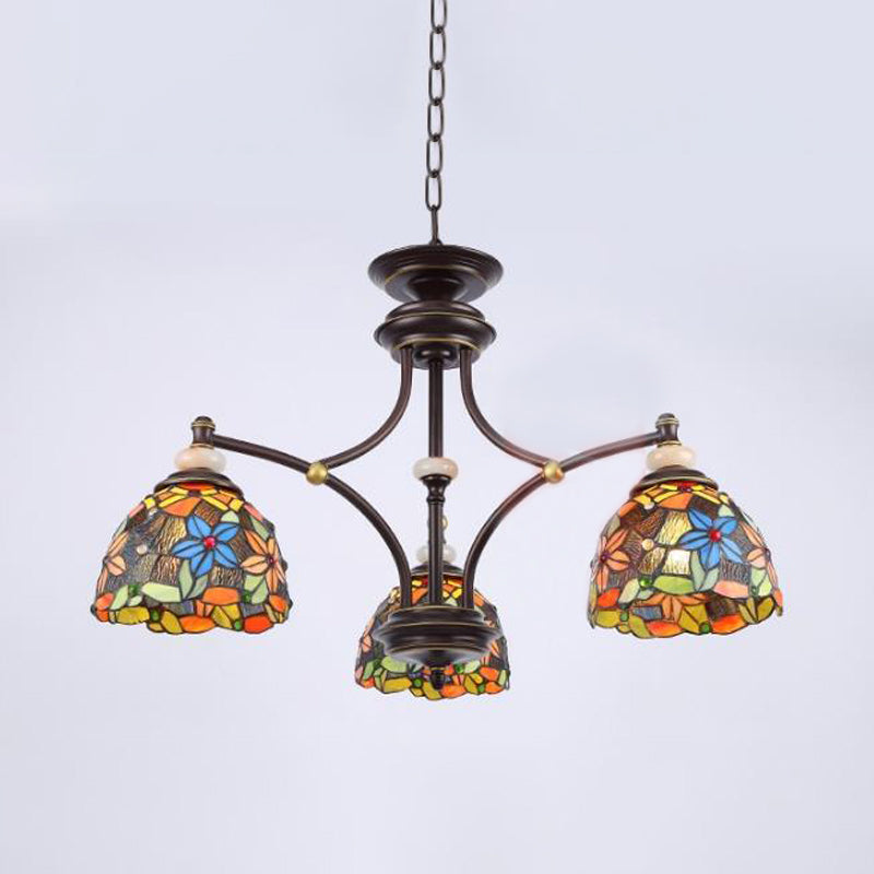 Flower Chandelier Lighting Mediterranean Stained Glass 3/5/8 Lights Black Hanging Lamp Kit for Living Room