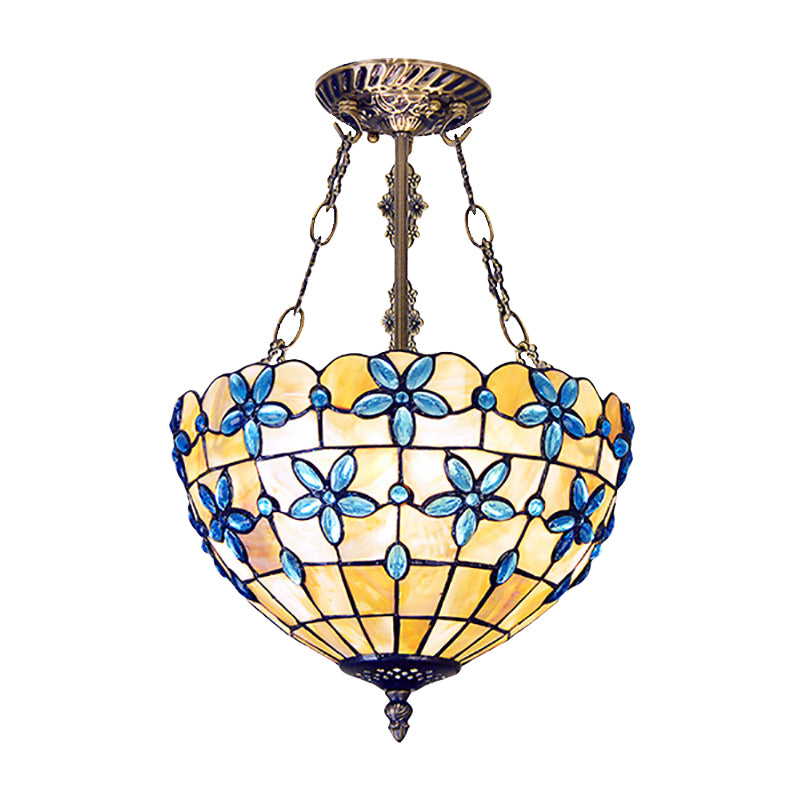 Bloem Semi Flush Light Tiffany Style Shell 12"/14"/16" Breed 3 Lichten Antiek Messing Plafondarmatuur