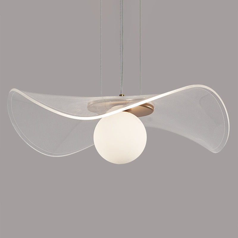 Minimalist Lotus Leaf Pendant Light Fixture Acrylic Bedroom Hanging Light in Brass with Ball White Glass Shade