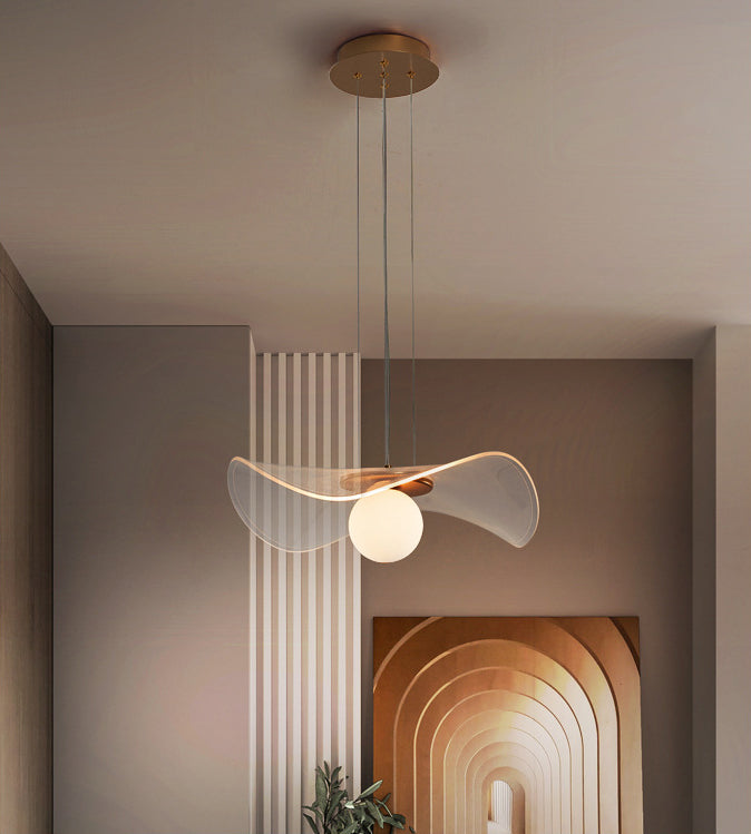 Minimalist Lotus Leaf Pendant Light Fixture Acrylic Bedroom Hanging Light in Brass with Ball White Glass Shade