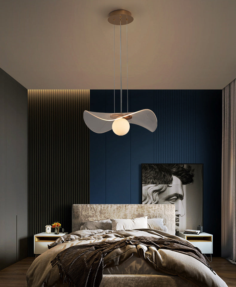 Minimalist Lotus Leaf Pendant Light Fixture Acrylic Bedroom Hanging Light in Brass with Ball White Glass Shade
