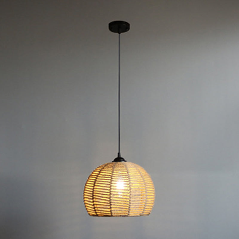 Spherical Shade Rattan Hanging Light 1-Light Asian Style Pendulum Light in Beige