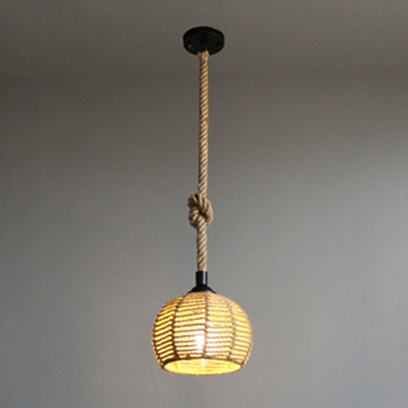 Spherical Shade Rattan Hanging Light 1-Light Asian Style Pendulum Light in Beige