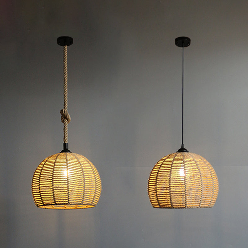 Spherical Shade Rattan Hanging Light 1-Light Asian Style Pendulum Light in Beige