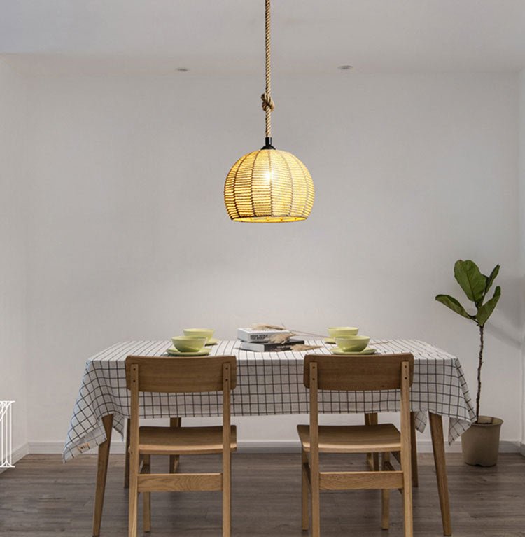 Spherical Shade Rattan Hanging Light 1-Light Asian Style Pendulum Light in Beige