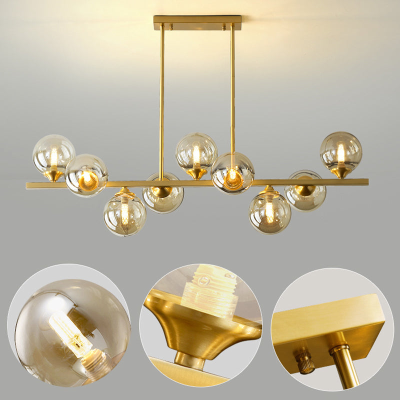 Gold Radial Island Pendant Light in Modern Luxury Style Copper Indoor Hanging Light with Amber Glass Shade