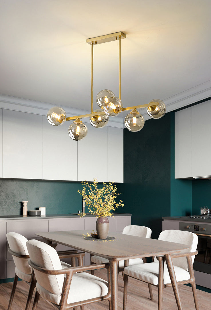 Gold Radial Island Pendant Light in Modern Luxury Style Copper Indoor Hanging Light with Amber Glass Shade