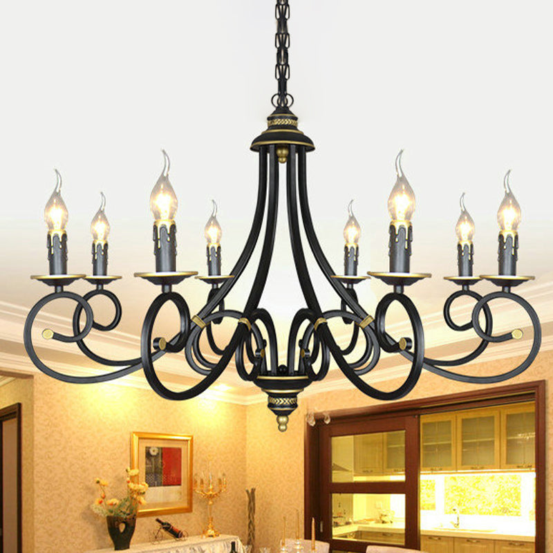 Black Candle Chandelier Lighting Vintage Metal 3/5/6 Bulbs Dining Room Ceiling Suspension Lamp with Curly Arm