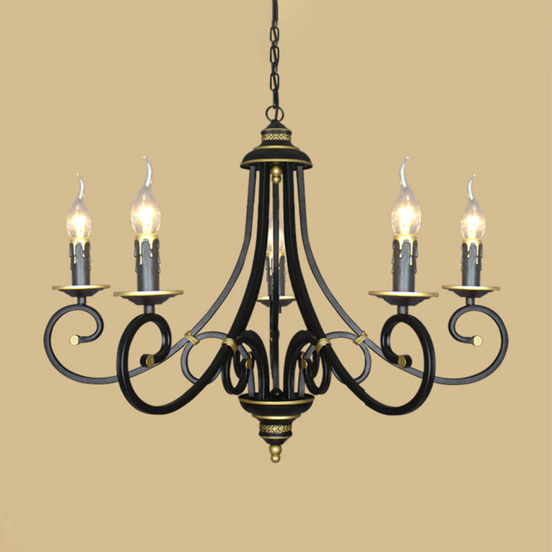 Black Candle Chandelier Lighting Vintage Metal 3/5/6 Bulbs Dining Room Ceiling Suspension Lamp with Curly Arm