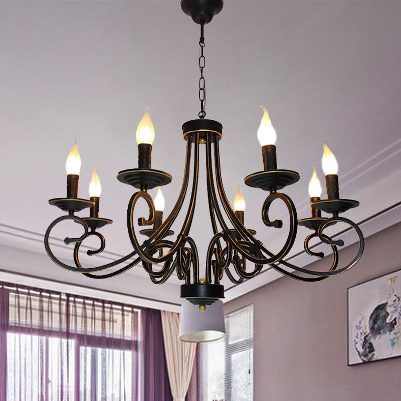 8 Lights Chandelier Pendant Lighting Antique Candle Shaped Metal Hanging Lamp Fixture in Black