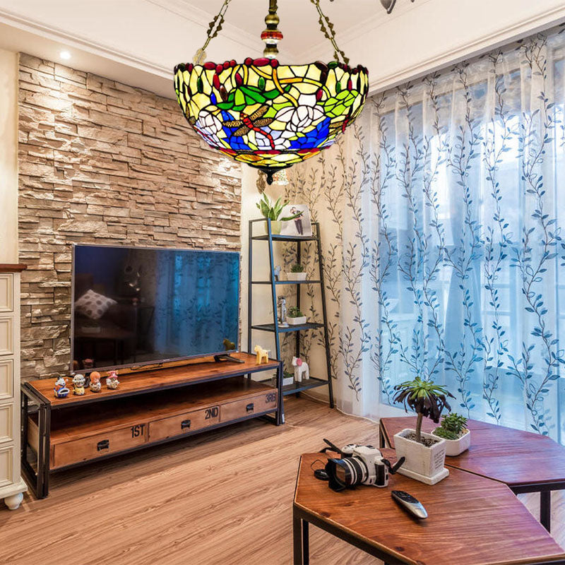 Libellule semi-lutin éclairage méditerranéen vitrail 5 lumières plafond en laiton