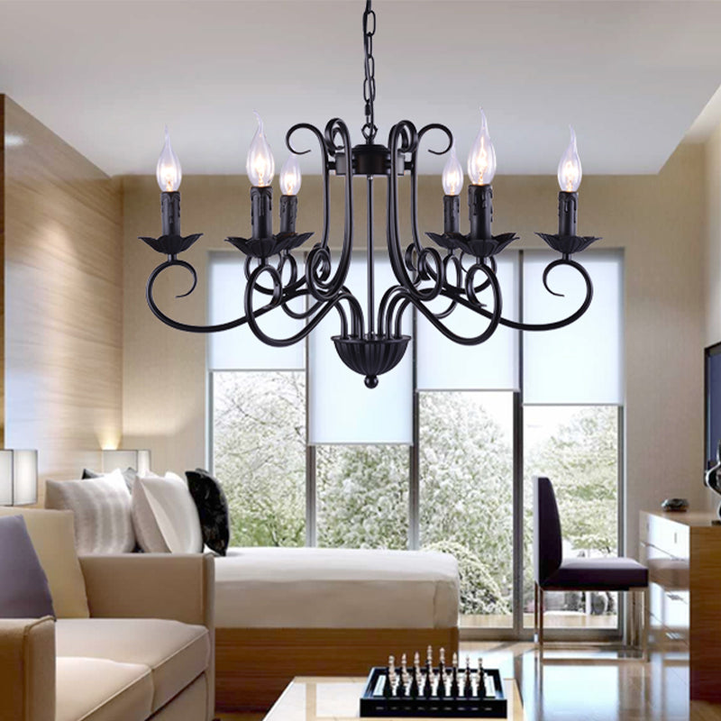 Chandelier de plafond de bougie traditionnelle 6 têtes Kit de lumière suspendue en métal en noir pour le salon