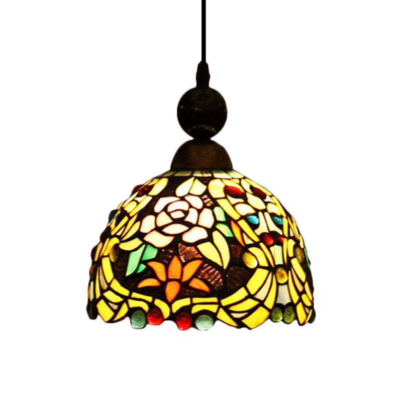 Pink/Yellow 1 Light Pendant Lighting Tiffany Style Stained Art Glass Blossom Ceiling Lamp
