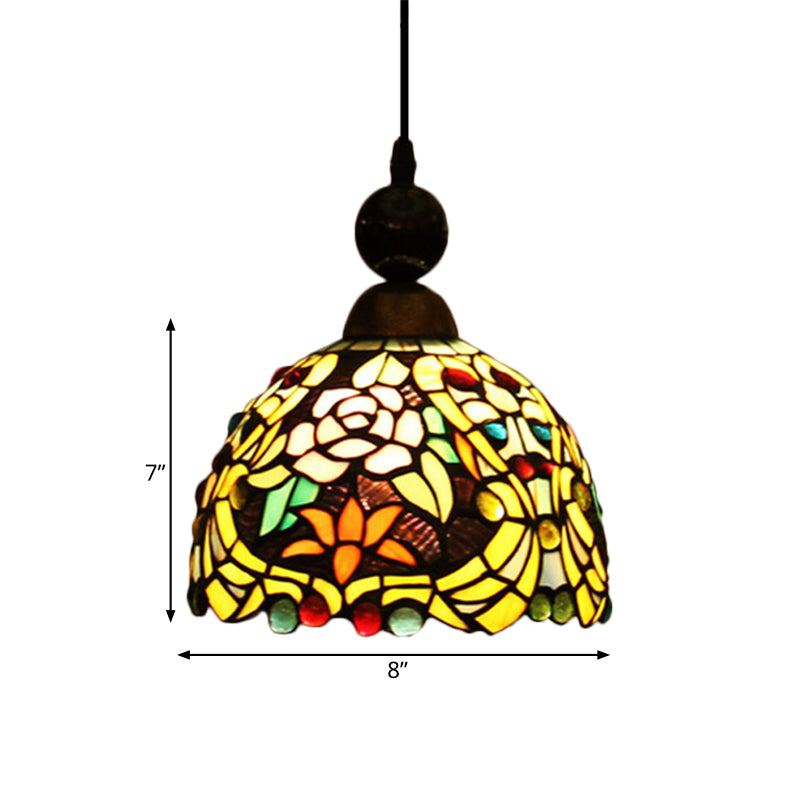 Pink/Yellow 1 Light Pendant Lighting Tiffany Style Stained Art Glass Blossom Ceiling Lamp