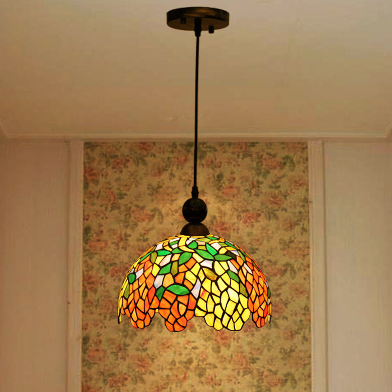 Dome Pendant Ceiling Light Mediterranean Stained Glass 1 Light Red Hanging Lamp for Kitchen