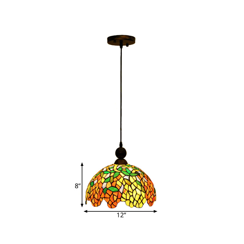 Dome Pendant Ceiling Light Mediterranean Stained Glass 1 Light Red Hanging Lamp for Kitchen