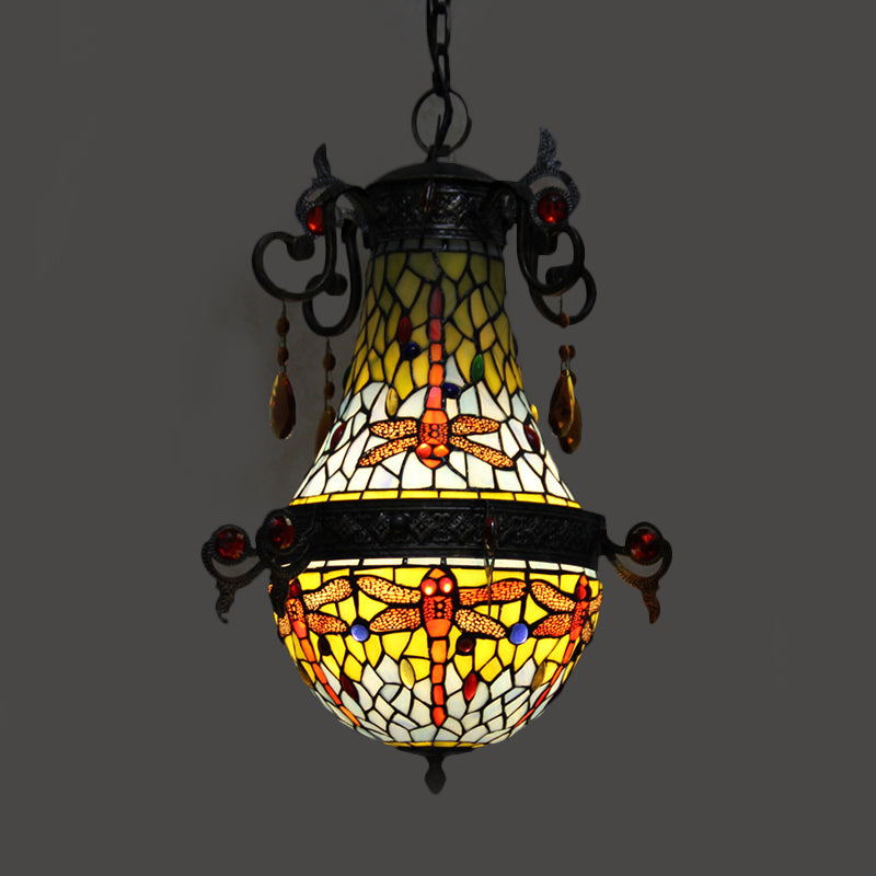 Stained Glass Dragonfly Pendant Light Fixture Mediterranean 1 Light Red Suspension Lighting