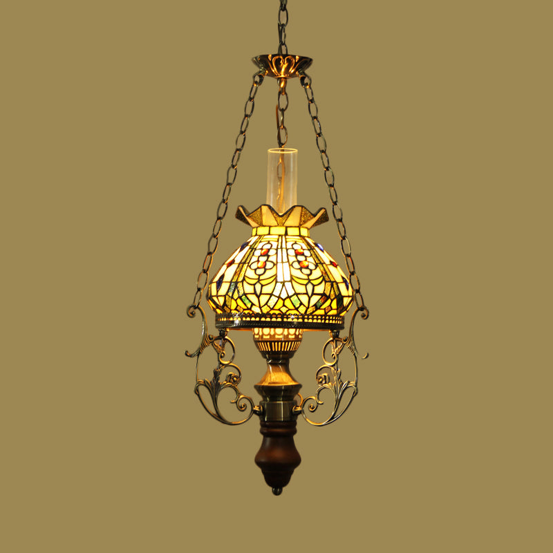 Green Blossom Hanging Ceiling Light Mediterranean 1 Light Stained Art Glass Suspension Pendant