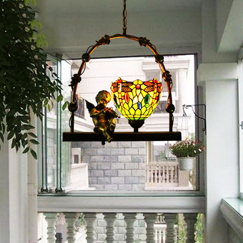 Bowl -gebrandschilderde glazen hangluchtingsarmatuur Mediterraan 1 licht rood/groen plafondlicht met engel deco