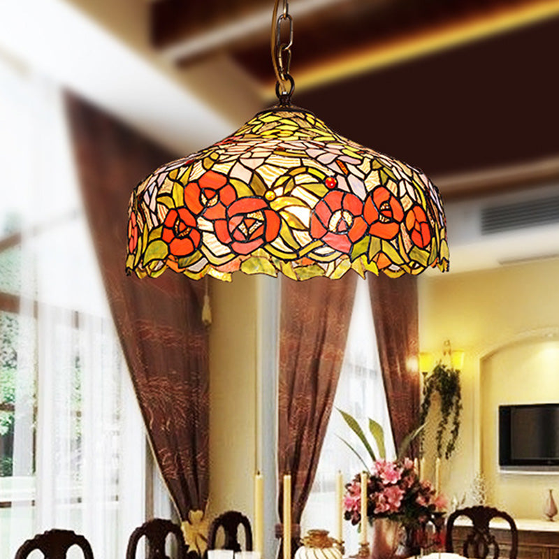 Floral Ceiling Suspension Lamp 1 Light Cut Glass Mediterranean Pendant Lighting Fixture in Red