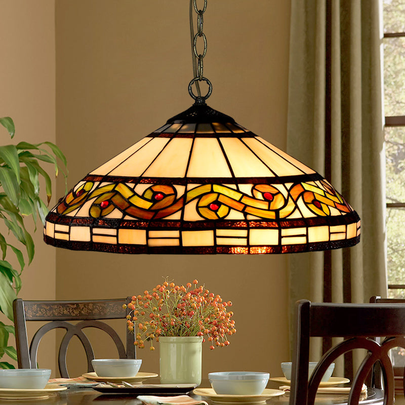 Flower/Cone Hanging Light Fixture 1 Light Stained Glass Mediterranean Pendant Lamp in Black