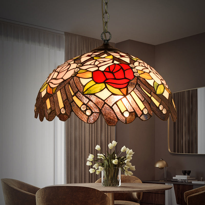 Flower/Cone Hanging Light Fixture 1 Light Stained Glass Mediterranean Pendant Lamp in Black