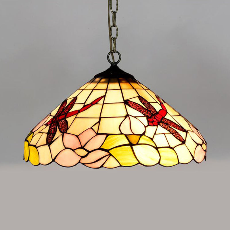 Bloem/kegelhangende lichtarmatuur 1 licht gebrandschilderd glas Mediterrane hanger lamp in het zwart
