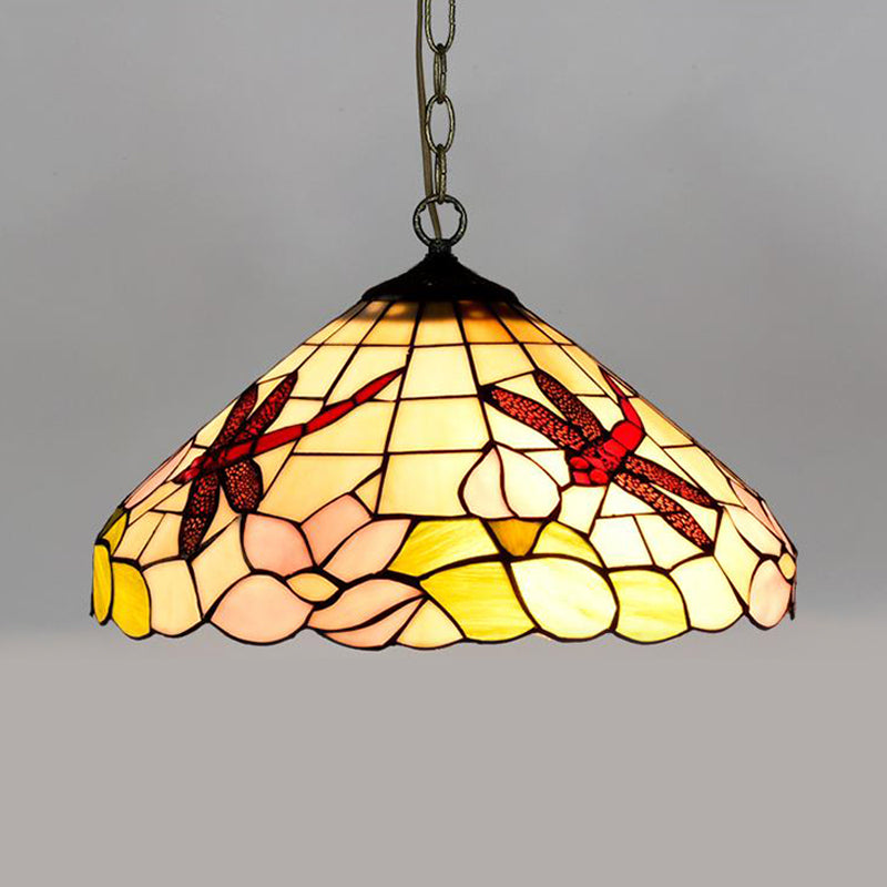 Flower/Cone Hanging Light Fixture 1 Light Stained Glass Mediterranean Pendant Lamp in Black