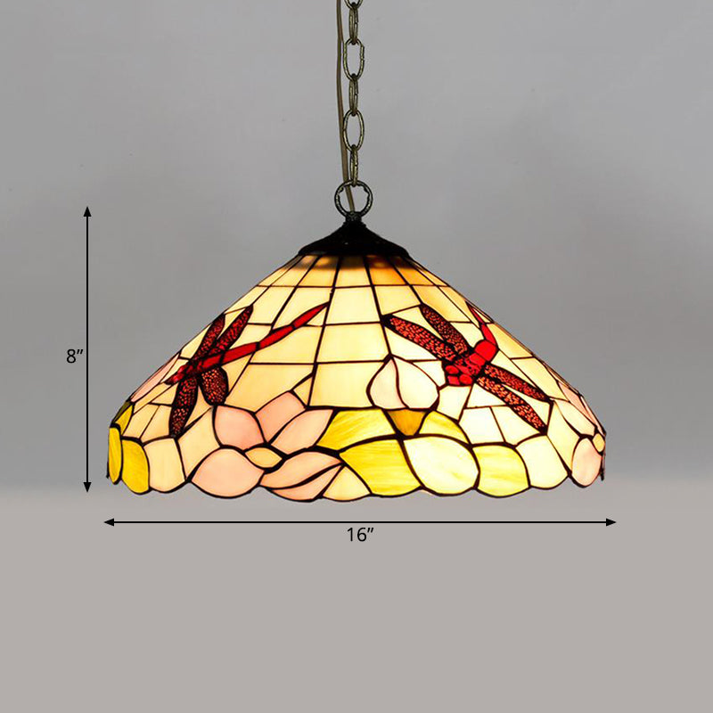 Flower/Cone Hanging Light Fixture 1 Light Stained Glass Mediterranean Pendant Lamp in Black