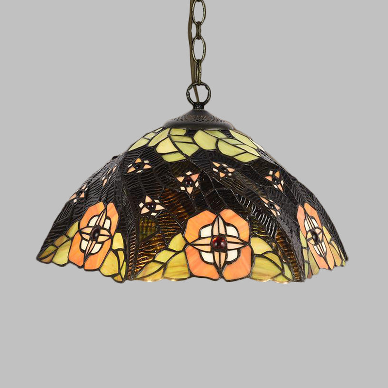 Flower/Cone Hanging Light Fixture 1 Light Stained Glass Mediterranean Pendant Lamp in Black